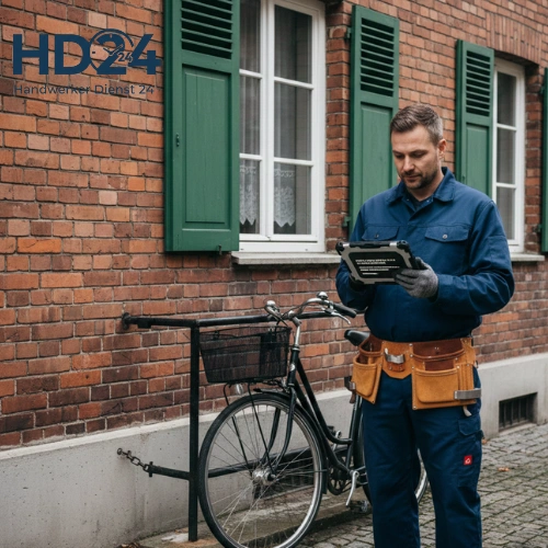 Handwerker niederösterreich – Techniker prüft Auftrag mit HD24 Nummer auf Tablet