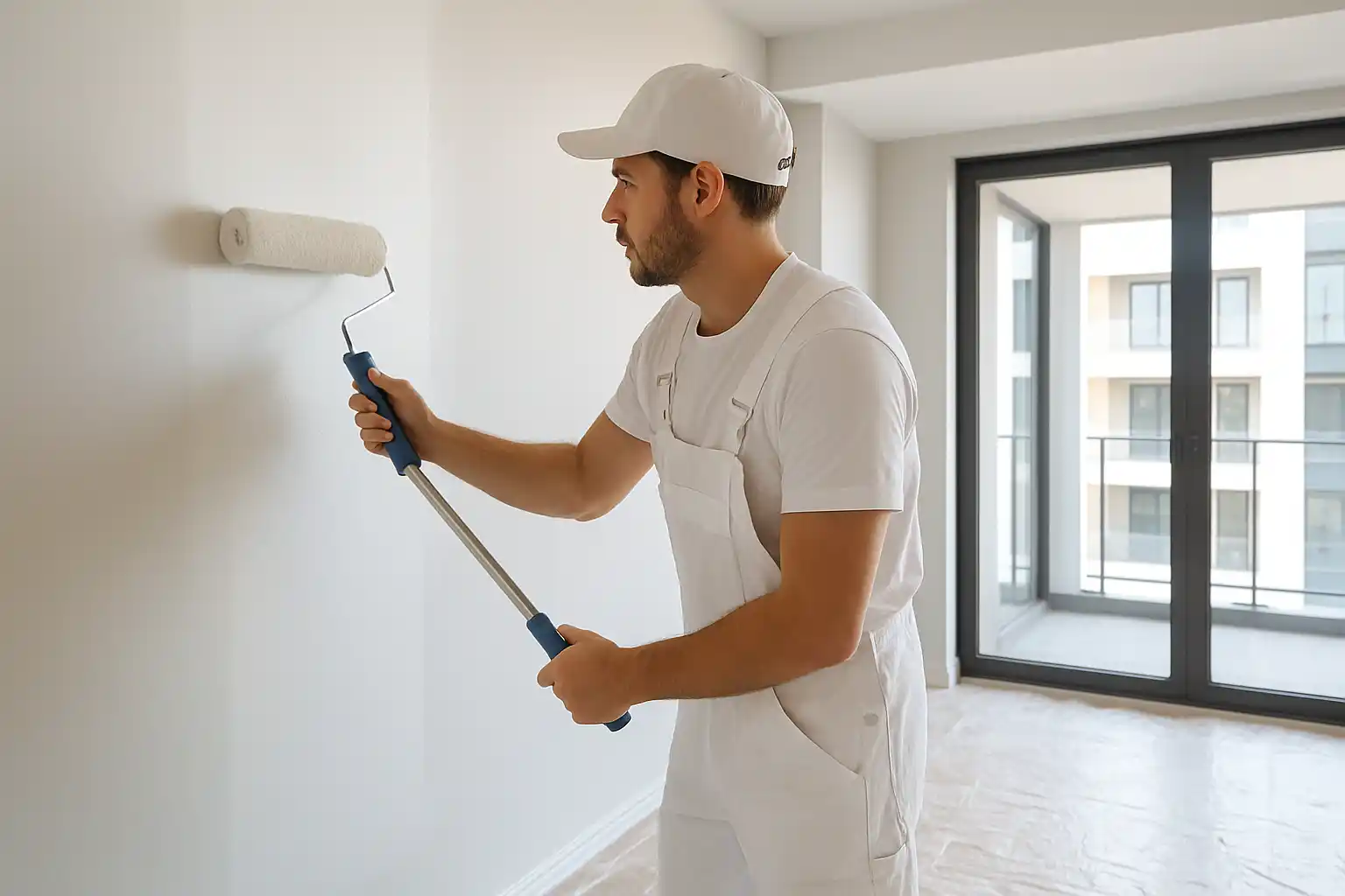 Maler streicht Wand mit Rolle in renovierter Wohnung - Malerarbeiten Rust günstig