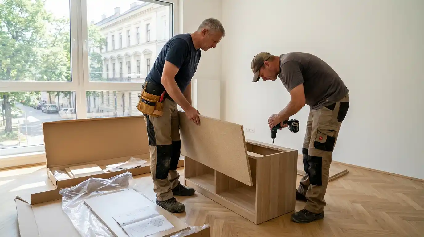 Zwei Handwerker montieren Möbel in Wohnung - Möbelmontage Service Rust