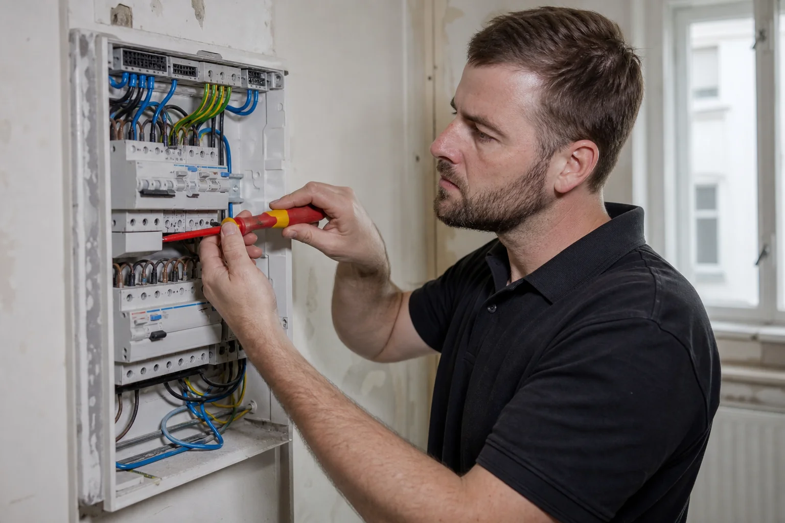 Elektriker erneuert Verteilerkasten mit FI-Schutzschalter in Schwechat