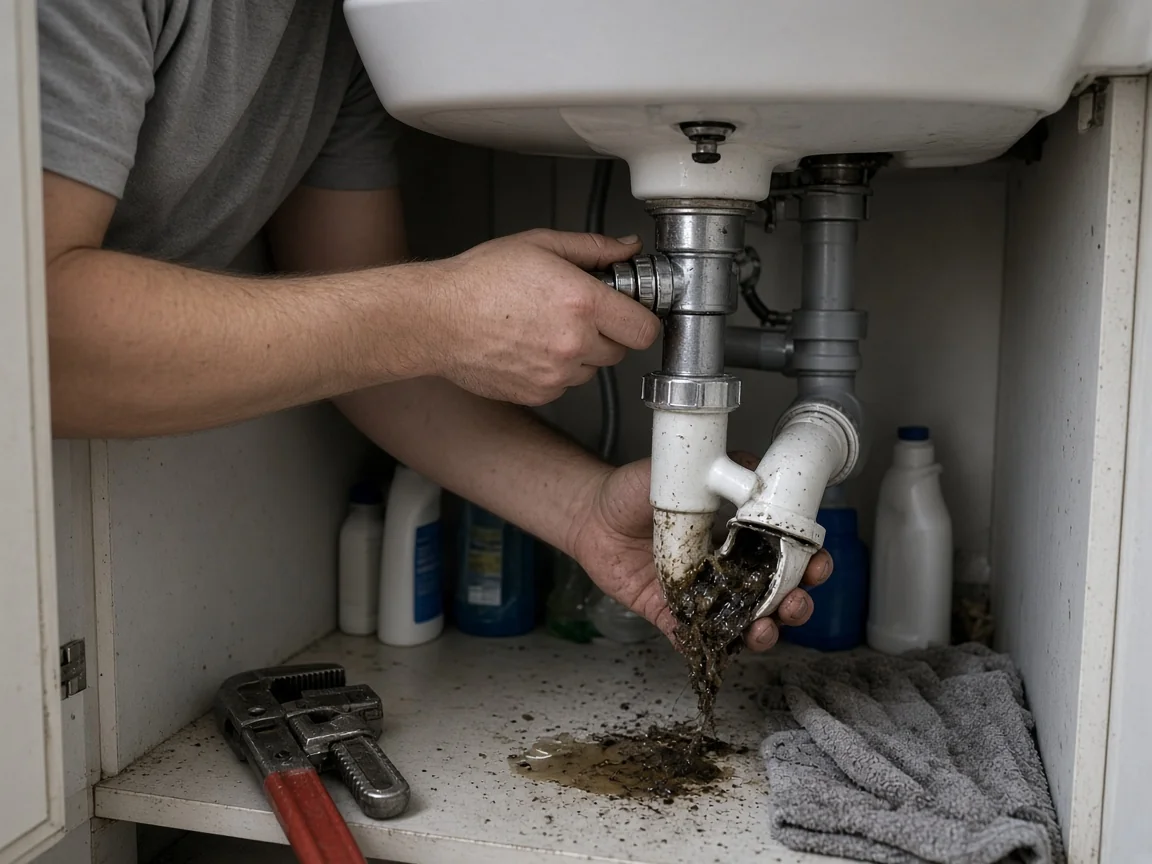 Monteur öffnet den Siphon am Waschbecken, Haare und Seifenreste im Geruchsverschluss – Amstetten